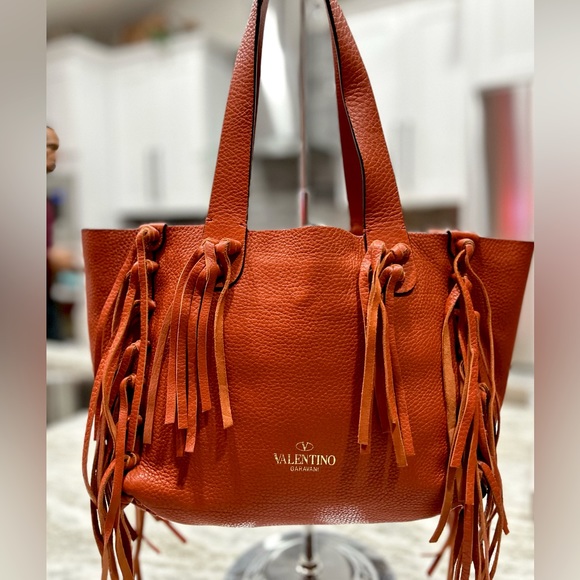 Valentino Garavani Tangerine Colored Leather Fringe Tote! - Picture 1 of 9